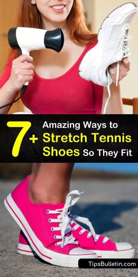 Here are tips for stretching tight shoes to prevent blisters and bunions. Instead of visiting the cobbler, widen the toe box of your leather shoes with a hair dryer and a thick pair of socks or stretch your canvas shoes by freezing a bag of water. #shoes #stretchshoes #stretchtennisshoes #tennis Shoe Stretching Diy, How To Style Running Shoes Outfits, Stretch Shoes Out, Tight Shoes Hack, Stretching Shoes How To, How To Stretch Out Shoes, Stretch Out Shoes, Stretching Shoes, Running Shoes Outfit