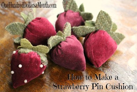 How to Make a Strawberry Pin Cushion - One Hundred Dollars a Month Strawberry Pincushion Pattern, Velvet Projects, Velvet Strawberries, Strawberry Pin Cushion, Strawberry Pincushion, Sewing Kits Diy, Diy Sewing Kit, Diy Pin Cushion, Pincushion Tutorial