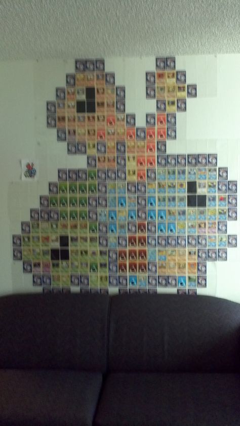 My masterpiece: The Pokemural! 6'x6', all real Pokemon cards except for the black eye cards Pokemon Card Decorations, Things To Do With Pokemon Cards, Gyaru Kawaii, Pokemon Cross Stitch Patterns, Pokemon Room, Nerdy Nummies, Real Pokemon, Pokemon Painting, Pokemon Cross Stitch