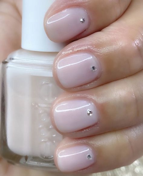 Short Nail With Gems, Short Light Color Nails, Short Nails With Gem, Nails With Small Gems, Neutral Nails With Rhinestones, Short Nails Gems, Short Nails With Gems, Mom Nails, Gem Nail Designs