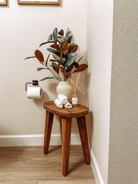 Small Side Table For Bathroom, Wood Accent Table, Bathroom Remodel Designs, Small Side Table, Wood Accent, Wood Stool, Wood Accents, Small Tables, Diy Bathroom