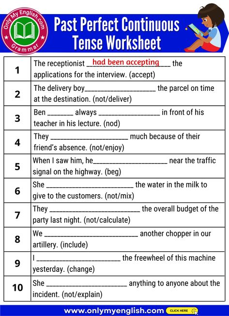 Past Perfect Continuous Tense Exercises with Answers » OnlyMyEnglish Past Perfect Continuous Worksheets, Past Continuous Tense Worksheet Grade 4, Past Perfect Continuous Tense, Past Perfect Tense Exercises, Past Perfect Vs Past Perfect Continuous, Past Indefinite Tense Worksheet, Past Indefinite Tense Sentence, Present Indefinite Tense Exercise, Tenses Exercises