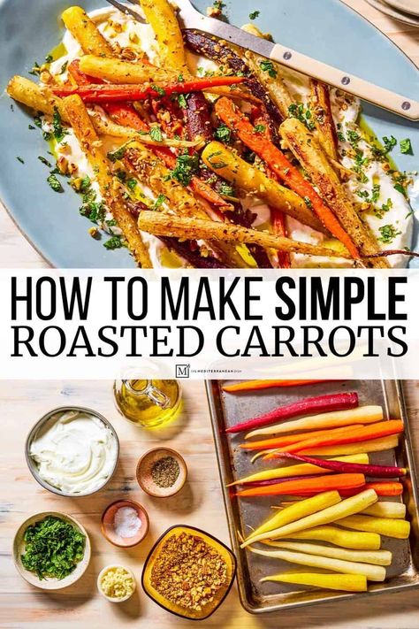 Roasted rainbow carrots with nutty dukkah, creamy garlicky yogurt, and refreshing mint. Make these whole roasted carrots as a healthy, easy side dish! Carrots Recipe Healthy, Rainbow Carrot Recipes, Roasted Rainbow Carrots, Roasted Root Veggies, Roasted Carrots Recipe, Eating Carrots, Carrots Recipe, The Mediterranean Dish, Baked Carrots