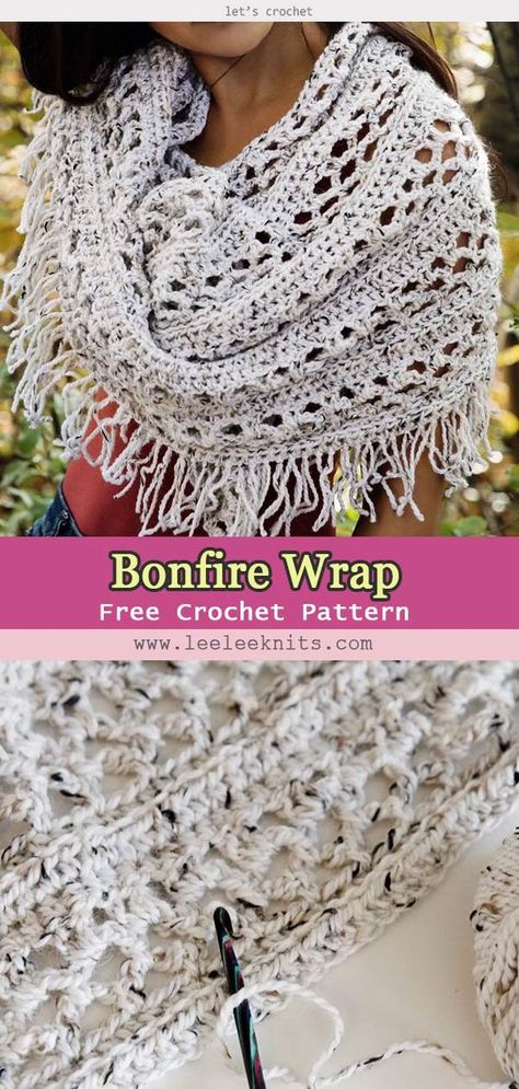 Bonfire Wrap Crochet Free Pattern Crochet Winter Shawl Pattern Free, Boho Crochet Shawl Pattern Free, Crochet Shawl Patterns, Crochet Triangle Shawl Pattern, Shawlette Pattern, Crochet Prayer Shawls, Crochet Apparel, Crochet Outfits, Crocheted Shawl