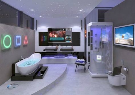 Video Game Room Ideas Playstation Bathroom Futuristic Bathroom, Design Interior Baie, Teen Bathrooms, Girl Bathrooms, Bathroom Gadgets, Video Game Rooms, Decor Baie, Bathroom Design Inspiration