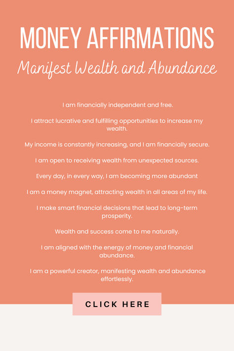 Click for the full list of wealth affirmations. In this post, I reveal my favourite money affirmations that you can use in your morning routine to develop a wealth mindset. I also talk about how to use affirmations effectively and share my top tips for success. Click for more. #affirmations #moneyaffirmations #positiveaffirmations Wealth Mindset, Wealth And Abundance, Manifesting Wealth, Tips For Success, Wealth Affirmations, Money Magnet, Abundance Affirmations, Daily Positive Affirmations, Attract Wealth