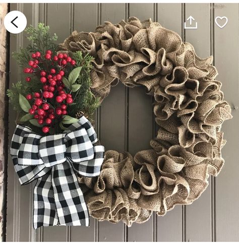 Crafts To Try, Spring Burlap Wreath, Farmhouse Wreaths, Buffalo Plaid Christmas Decor, Burlap Wreath Diy, Burlap Christmas Wreath, Plaid Christmas Decor, Wreath Burlap, Christmas Craft Projects