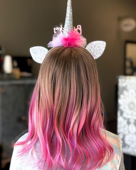 Unicorn mermaid hair for little girls. Kids Hair Color Ideas, Hair Dye For Kids, Pink Hair Tips, Pink Hair Streaks, Kids Hair Color, Haircolor Ideas, Dyed Hair Ombre, Dyed Tips, Hair Dye Tips