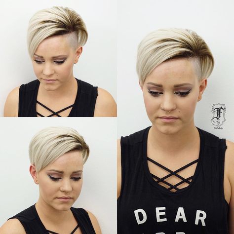 This Edgy Undercut Pixie with Platinum Color and Brunette Shadow Roots is a great modern cut for someone seeking a edgy versatile style. This undercut pixie can be worn disheveled and wavy, polished with a blowout, brushed up to create a faux-hawk, or slicked back for a more edgy look. Its a great style to easily take you from work to play. Styling tips for this platinum undercut pixie and other similar short hairstyles can be found at Hairstyleology.com Edgy Undercut Pixie, Edgy Undercut, Edgy Long Hair, Shadow Roots, Platinum Blonde Pixie, Undercut Hairstyle, Short Cut Wigs, Mens Hairstyles Fade, Pixie Cut With Undercut