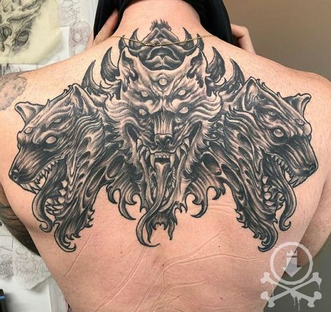 Cerberus Back Tattoo, Cerberus Chest Tattoo, Hades And Cerberus Tattoo, Cerberus Tattoo Greek Mythology, Demon Dog Tattoo, 3 Headed Dog Tattoo, Hell Hound Tattoo, Three Headed Dog Tattoo, Cerberus Tattoo Design