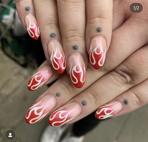 Red And White Flame Nails, Flame Nails, Flame Nail Art, Red Nail Art, Punk Nails, Flame Art, Short Acrylic Nails Designs, Nail Inspiration, Nails Inspo