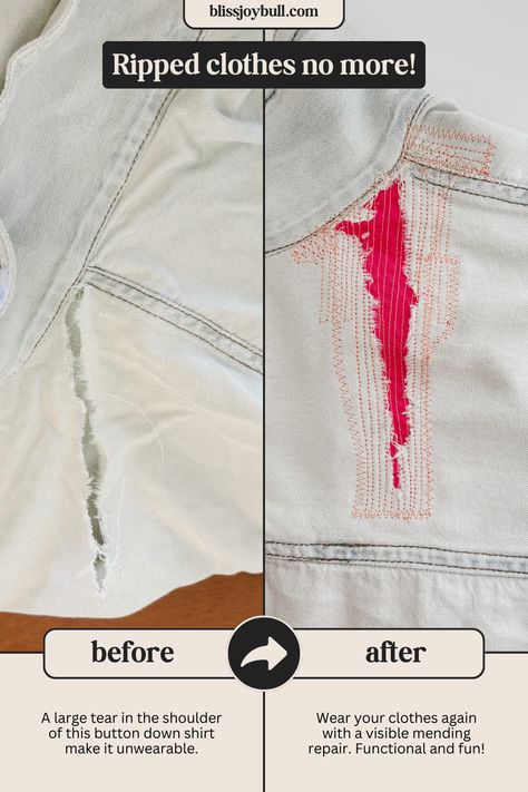 Before and after images of a torn, light blue shirt. The shirt is repaired with visible mending stitches in pink patching fabric and orange thread. Sweater Repair, Jean Repair, Clothing Repair, Leather Restoration, Bridal Alterations, Denim Repair, Visible Mending, Repair Clothes, Shoe Repair