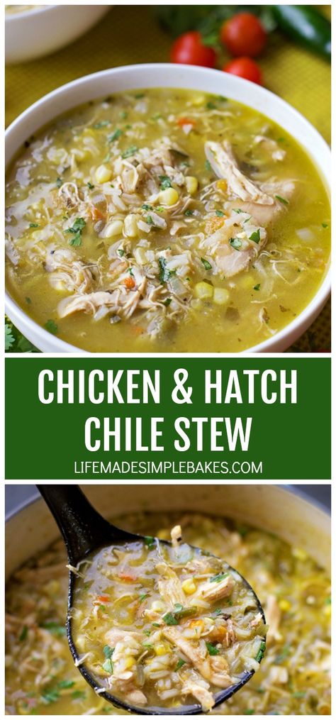 This bold and flavorful chicken and hatch chile stew is ready to go in just 1 hour! It's loaded with shredded chicken, fresh corn, rice, and of course hatch chiles! #hatchchilestew #hatchchiles #shreddedchickenstew Rigatoni Sausage, Hatch Chili Recipes, Chili Stew, Hatch Chiles, Green Chili Recipes, Hatch Chili, Corn Rice, Life Made Simple, Chicken Fresh