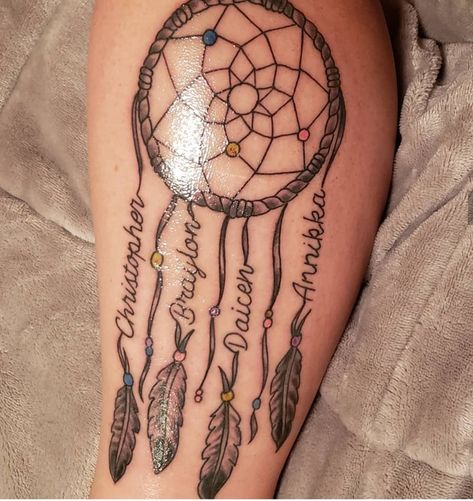 Dream Catcher Tattoo On Thigh, Dreamcatcher Tattoo Thigh, Tattoos Meaning Strength, Tattoo On Thigh, Memory Tattoos, In Loving Memory Tattoos, Shoulder Sleeve Tattoos, Tattoos Meaning, Tattoo Thigh