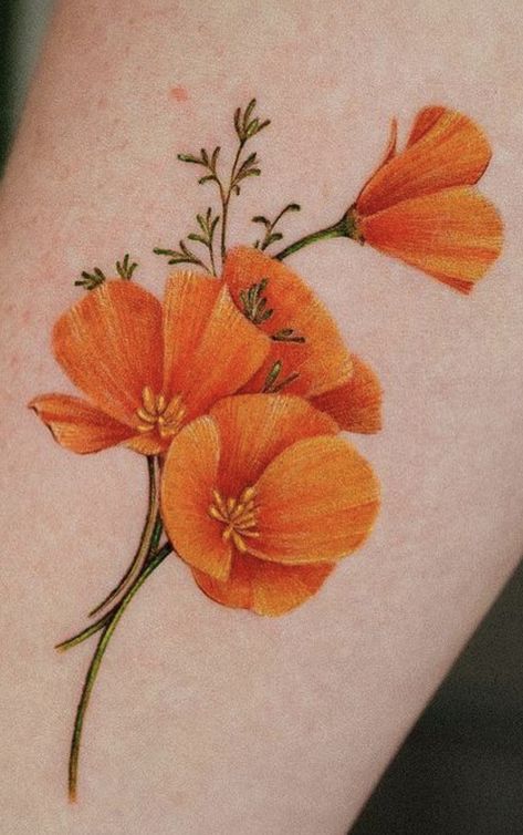 Colored Poppy Tattoo, Yellow Poppy Tattoo, Orange Poppy Tattoo, Golden Poppy Tattoo, Botanical Flower Tattoo, Orange Flower Tattoo, Orange Tattoos, Mango Tattoo, Tattoo Prep