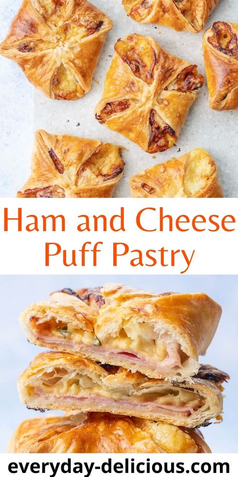 Easy Pastries, Cheese And Puff Pastry, Ham And Cheese Puff Pastry, Ham Cheese Puff Pastry, Puff Pastry Recipes Appetizers, Puff Pastry Pockets, Puff Pastry Recipes Savory, Savory Puff Pastry, Cheese And Honey