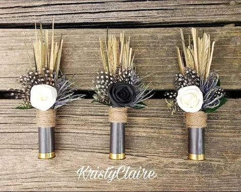 Boutinere Ideas Groomsmen Rustic, Fishing Themed Boutonniere, Classy Hunting Wedding, Wheat Grass Wedding Decor, Unique Boutonniere Creative, Boho Hunting Wedding, Shotgun Shell Boutineer, Shotgun Shell Boutonniere Diy, Western Boutonniere