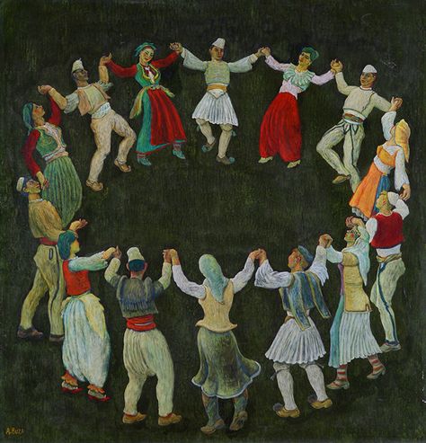 Abdurrahim Buza, Shqipëria vallzon (Albania is dancing, 1971), oil on panel, 72.5 × 69.5 cm, collection National Gallery of Arts, Tirana Albania Painting, Albania Traditional, Dancing Circle, Dancing Plague, Albanian Art, Bob Marley Painting, Albanian Culture, Dance Paintings, Black Sails