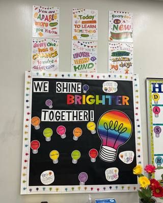 Colorful Light Bulbs Cutouts We Shine Brighter Together Classroom, We Shine Brighter Together Bulletin Board, Future Is Bright Theme, Shine Bright Theme, Bright Color Classroom Decor, Light Bulb Bulletin Board Ideas, Shine Bright Classroom Theme, Shine Bright Bulletin Board Ideas, Let Your Light Shine Bulletin Board