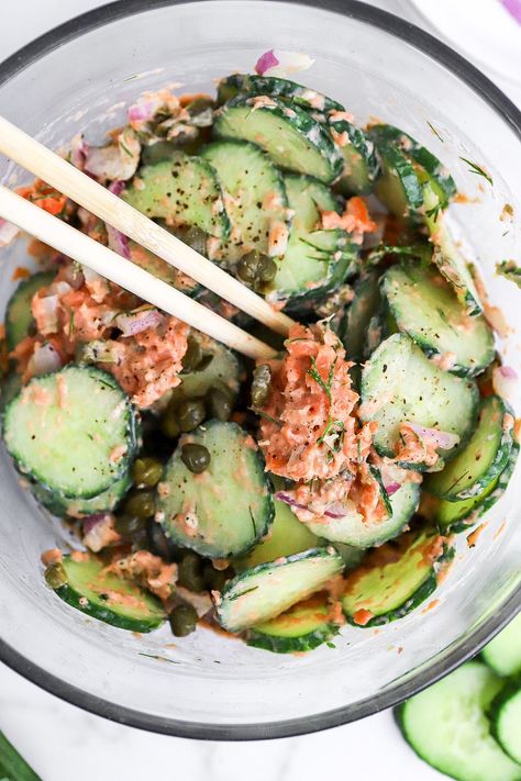 Close up top down view of the viral cucumber salad in a jar with smoked salmon and capers. Smoked Salmon With Capers, Cucumber In A Jar Recipes, Smoked Salmon Meal Prep, Cucumber Salad Salmon, Cucumber Salad With Salmon, Cucumber Jar Recipes, Cucumber Smoked Salmon Salad, Salmon Cucumber Salad, Smoked Salmon Cucumber Salad