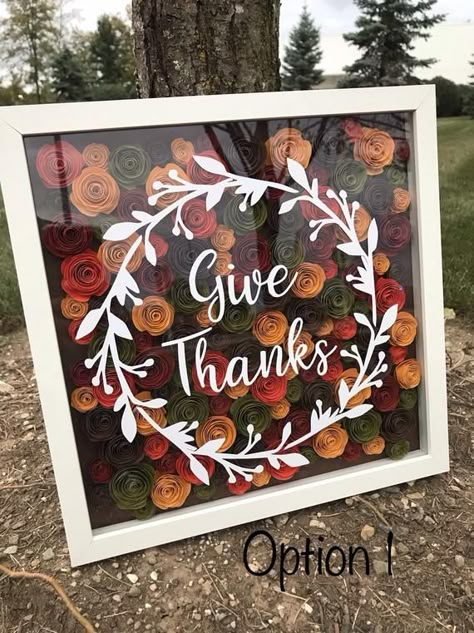 12x12 OR 8x8 shadowbox, both with all the beautiful fall shades, with your option of frame color or quote to place on shadow box. Each paper flower is meticuliously hand rolled with every attention to detail. It’s so easy!!! Pick your size, frame color and quote. HAPPY SHOPPING, 💛❤️🧡💚❤️💛 Remember Cricut Shadow Box, Cricut Flowers, Neli Quilling, Shadow Box Gifts, Rolled Paper Flowers, Flower Shadow, Diy Shadow Box, Shadow Box Ideas, Autumn Paper