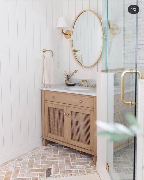 Mirror With Sconces On Each Side, Brick Floor Bathroom, Herringbone Floor Bathroom, Mirror With Sconces, Herringbone Bathroom Floor, Vertical Shiplap Wall, Brick Herringbone Floor, Shiplap Bathroom Wall, Brick Tile Floor