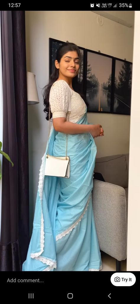 Sky Blue Colour Saree, Blue Saree Contrast Blouse, Sea Blue Saree, Saree Matching Blouse, Blue Colour Saree, Saree Contrast Blouse, Marathi Saree, Sky Blue Colour, Blue Blouse Designs