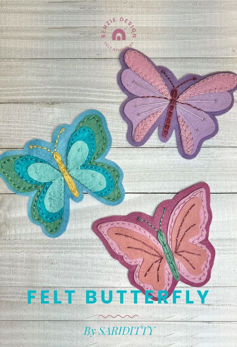 Make these fluttering felt butterflies to decorate your Spring home. Full free tutorial and supply list. Created by Sarah Thomas for Benzie Design.  #butterfly #nature #spring #rainbowcolors #springdecor #handembroidery #feltcrafts #benziefelt #benziedesign #benziedesignmakerteam Felt Butterflies, Diy Felt Butterfly, Felt Dragonfly Pattern, Felt Butterfly Pattern, Felted Butterflies, Butterfly Felt Ornament, Butterfly Tutorial, Butterfly Template, Needle Felting Kits