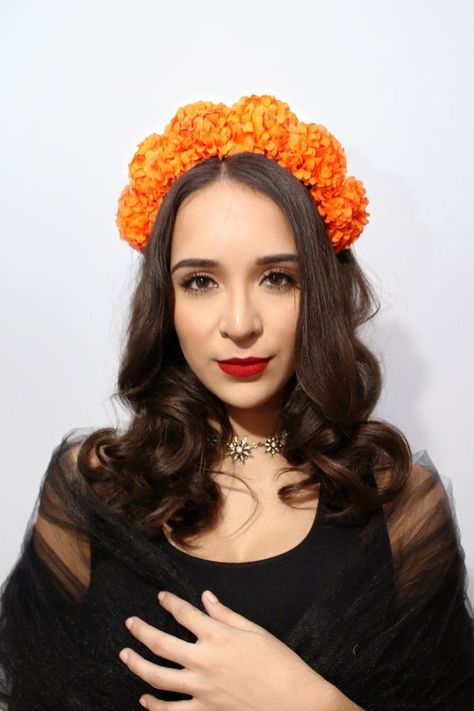 Mexican Flowers, Plastic Headband, Marigold Flower, Flower Skull, Flower Headband, Quinceanera Dresses, Faux Flowers, Dia De Muertos, Flower Dresses