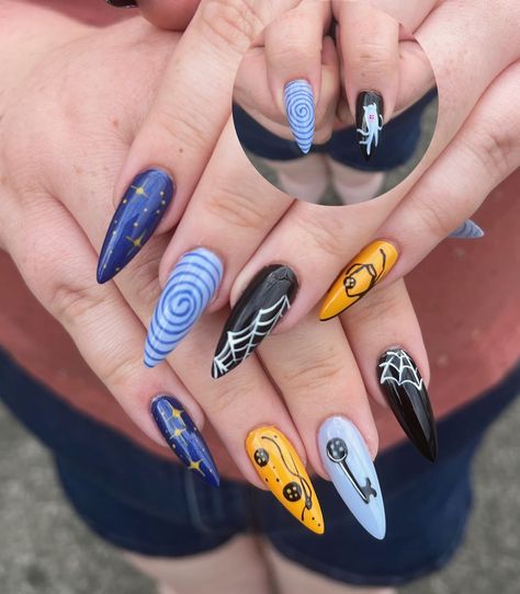 >> gel-x extensions (medium stilettos) (what to book; med. extensions + level 2 art) 🌀🪡🐈‍⬛ for Coraline’s return to theatres this August. #pdx #pdxnails #pdxnailtech #pdxnailsalon #pdxnailartist #portland #portlandoregon #portlandnails #portlandnailtech #gelmani #gelnails #fosterpowell #oregon #nailgirlies #nailbesties #coraline Coraline Nails Easy, Coraline Nails Acrylic, Coraline Nail Designs, Coraline Nails Art, Coraline Nails, Cartoon Nails, Gel Mani, Cosmetology School, Nail Stuff