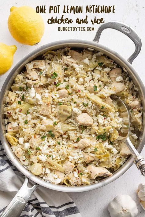 Artichoke Rice, Lemon Artichoke Chicken, Chicken And Rice Dinner, One Pot Rice Meals, Budget Bytes, Artichoke Chicken, Rice Dinner, Easy One Pot Meals, Quick Chicken