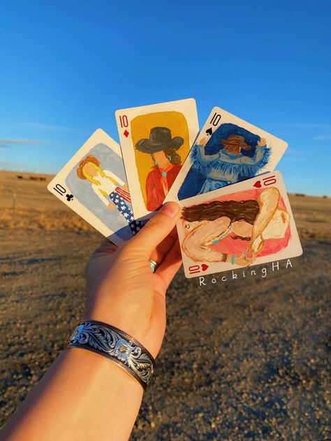 4 different cowgirl styled painted playing cards Painted Playing Cards Diy, Western Playing Cards, Playing Card Painting, Painted Playing Cards, Card Painting, Custom Playing Cards, Playing Cards Art, Deck Paint, Cowgirl Aesthetic