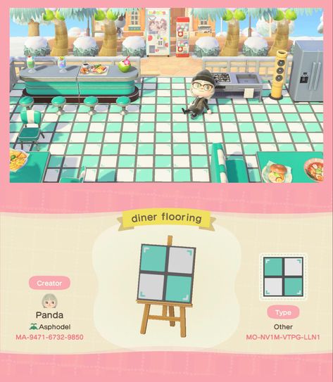 Acnh Diner, Acnh Retro, Aqua Furniture, Checker Tile, Acnh Towncore, Retro Flooring, Kidcore Island, Acnh Kidcore, Blue Floor