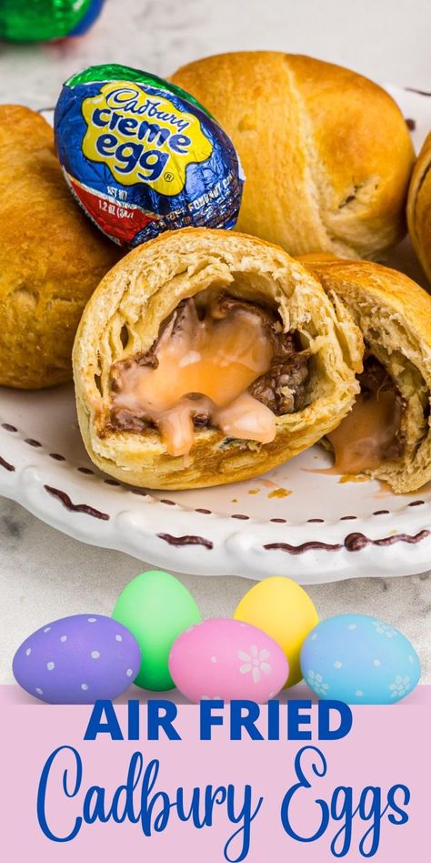 Air Fried Cadbury Eggs are a perfect, gooey snack everyone will love! You only need two ingredients to make this fun spring treat! Cadbury Egg Recipes, Air Fryer Desserts, Croissant Roll, No Egg Desserts, Cadbury Eggs, Cadbury Creme Egg, Spring Treats, Creme Egg, Creamed Eggs