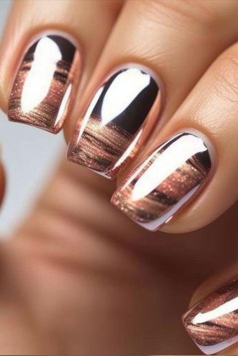 Elevate Your Glamour: Discover Champagne Rose Gold Nails Champagne Rose Gold Nails, Rose Gold Chrome Nails Designs, Champagne Sparkle Nails, Nude And Rose Gold Nails, Champagne Nail Designs, Champagne Gold Nails, Dec Nails, Copper Nails Designs, Rose Gold Manicure