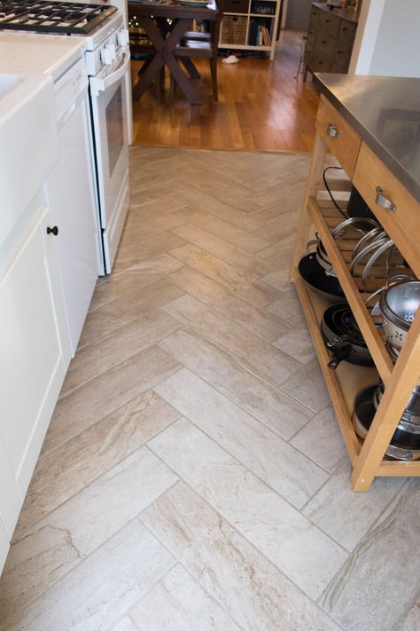 Herringbone Kitchen Flooring, Herringbone Tile Kitchen Floor, Kitchen Herringbone Floor, Vinyl Tile Flooring Kitchen, Bg House, Farmhouse Kitchen Flooring, White Kitchen Floor, White Tile Kitchen Floor, Modern Kitchen Flooring