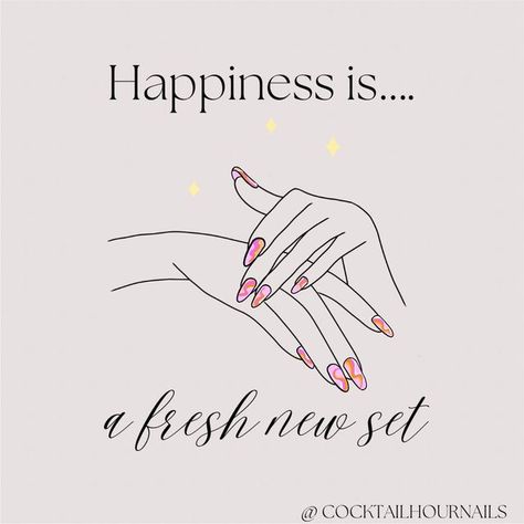 Cocktail Hour Nails on Instagram: "Happiness is a fresh new set 💅💅💅 Book yours starting at $60 now! DM to book! 🤍Booking system pending 🤍 #torontonailtech #toronto #nails #torontonails #liberty village #nailart" Nail Openings Available, Nail Post Ideas, Nail Tech Posts, Nail Posts Instagram, Nails Quotes For Instagram, Nail Tech Instagram Posts, Nail Instagram Post, Nail Content Ideas, Nail Technician Quotes