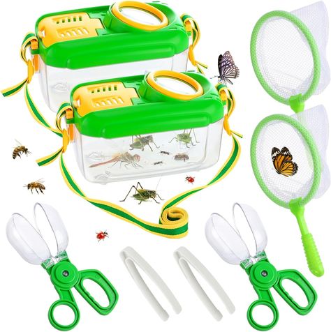 PRICES MAY VARY. 2Sets for your kids: We will provide you with two sets of bug catcher kits for kids, each set contains an insect box (with an adjustable strap), a scissor-style capsule insect clip, a tweezer, and a butterfly net. A complete set of outdoor exploration kits specially designed for children aged 3-8 can allow your children to get close to nature, get to know and observe animals, and gain more knowledge. Thoughtful design: Each bug bungalow has a circular magnifying glass, allowing Bug Catching, Bug Catcher, Insect Box, Butterfly Net, Kids Gift Guide, Fashion Capsule, Kits For Kids, Gift List, Outdoor Play