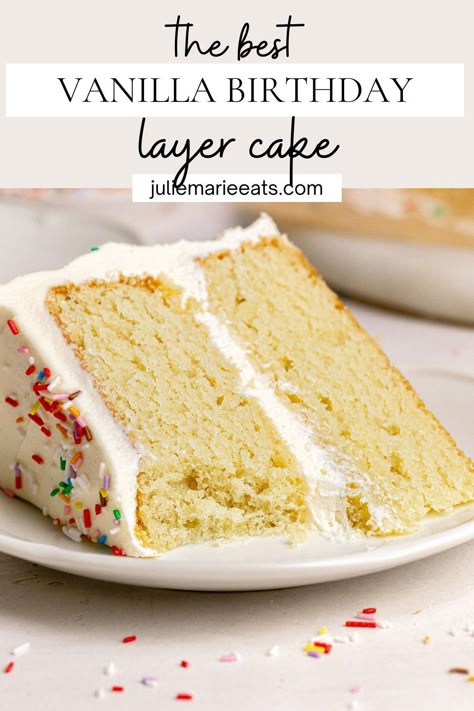 The best soft and moist Classic Vanilla Birthday Cake! These easy and delicious layers of moist vanilla cake are sandwiched together with smooth vanilla buttercream frosting! Vanilla Cake Recipe Moist, Vanilla Birthday Cake Recipe, Homemade Cake Mixes, Vanilla Sheet Cakes, Easy Party Desserts, Moist Vanilla Cake, Vanilla Birthday Cake, Party Food Dessert, Layer Cake Recipes