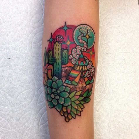 Canyon Tattoo, Desert Tattoo, Succulent Tattoo, Arizona Tattoo, Howling Coyote, Zia Symbol, Cactus Tattoo, Plant Tattoo, Tatuaje A Color