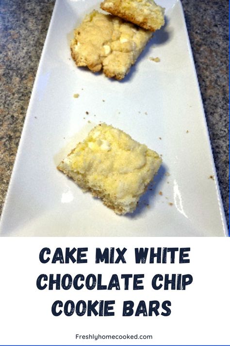 Chewy cake mix cookie bars filled with white chocolate chips. White Cake Mix Brownies, White Cake Mix Bars, Recipes With White Cake Mix Boxes, White Chocolate Cookie Bars, Easy Cookie Bars, White Cake Mix Cookies, Chewy Cake, Cake Mix Chocolate Chip Cookies, Homecooked Recipes