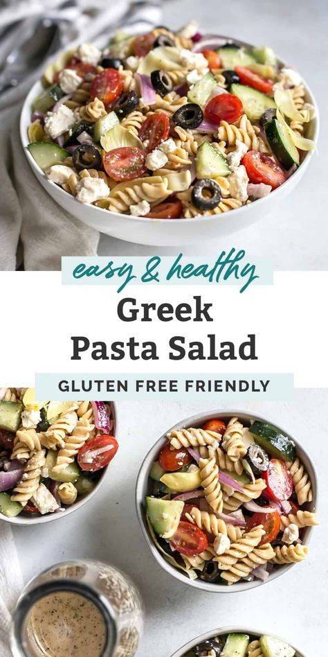 Gluten Free Pasta Salad, Greek Pasta Salad Recipe, Fit Mitten Kitchen, Feta Pasta Salad, Homemade Vinaigrette, Greek Pasta Salad, Healty Dinner, Simple Vinaigrette, Healthy Vegan Breakfast