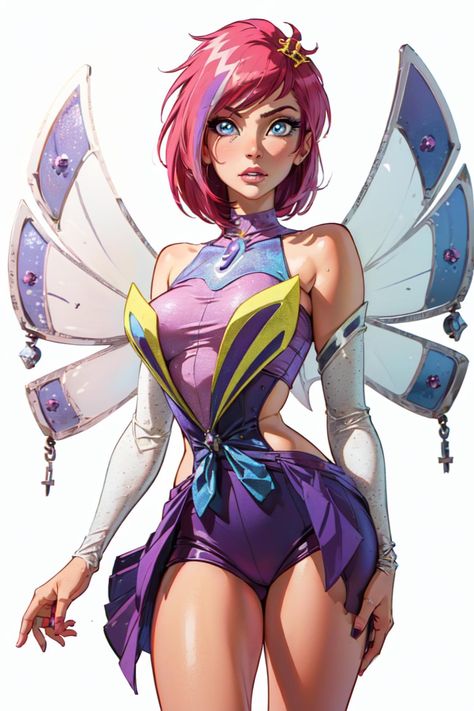 Enchantix Winx Club, Short Hair Purple, Fairy Wings Pink, Pink Hair Blue Eyes, Sparkling Outfit, Daphne Winx, Winx Cosplay, Super Nana, Sparkle Outfit