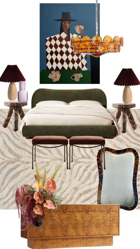 Modern eclectic bedroom with earth tones Modern Eclectic Bedroom, Funky Bedroom, Luxe Living Room, Apartment Wall Decor, House Essentials, Modern Eclectic, Eclectic Bedroom, Apartment Decor Inspiration, House Room