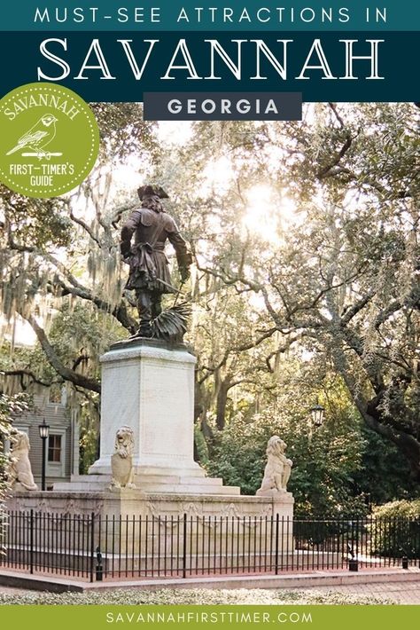 Pinnable graphic with a photo of a statue in Chippewa Square at sunset. Text overlay reads Must-See Attractions in Savannah Georgia Savannah Georgia Vacation, Garden Of Good And Evil, Savannah Historic District, Tybee Island Georgia, Georgia Coast, Georgia Vacation, Forsyth Park, Ghost Tour, Tybee Island