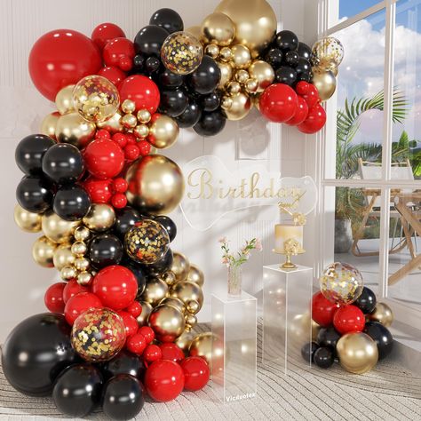 PRICES MAY VARY. Package Include: The 147pcs red black and gold balloon garland kit contain 51pcs red balloons(18inch 1pcs, 12inch 10pcs, 10inch 15pcs, 5inch 25pcs), 37pcs metallic chrome gold balloons(18inch 2pcs, 10inch 15pcs, 5inch 20pcs), 5pcs 12inch gold confetti balloons, 46pcs black balloons (18inch 1pcs, 12inch 10pcs, 10inch 10pcs, 5inch 25pcs), 32 feet ribbonx1, glue dotsx60, decorative stripx1, long balloonsx5 Great Quality: The red black gold party decorations are made from great qual Red Black And White 50th Birthday Party, Red Black And Gold Masquerade Centerpieces, Red And Black Balloon Columns, Red Black And Gold Theme Party, 43 Birthday For Women Theme, Gold Red And Black Party Decor, Black And Red Quinceanera Decorations, Red Black And Gold Balloon Arch, Sweet 16 Party Ideas Red Black And Gold