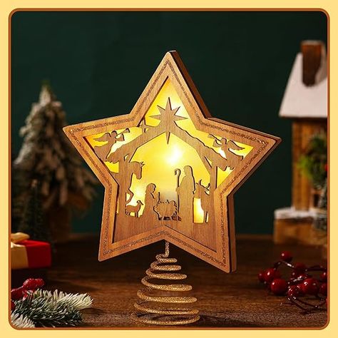 Nativity Tree Topper, Diy Wood Star Tree Topper, Nativity Tree, Christmas Party Decoration, Christmas Topper, Wood Christmas Tree, Star Of Bethlehem, Tabletop Display, Christmas Tree Topper