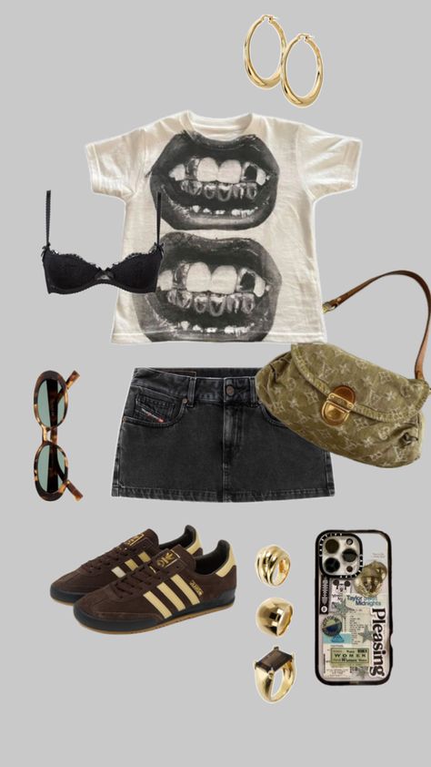 LV purse, campus brown shoes, gold rings, skims, phone case Street Girly Outfits, Summer Outfits Cool Girl, Summer Outfits In New York, Ahs Summer Outfits, Summer Outfits No Crop Tops, Ahs Style Summer, Ahs Style Outfits Summer, Sitc Outfits, Summer 2025 Outfits