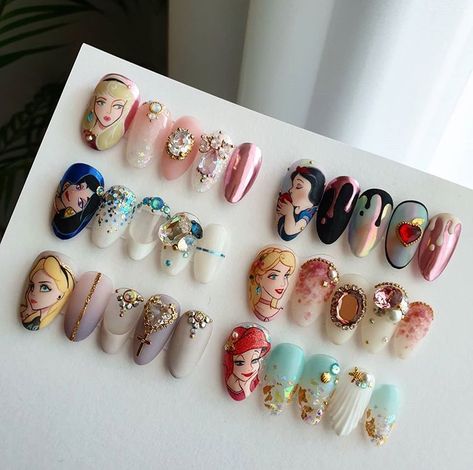 Disney Princess Inspired Nails, Disney Nail Designs Princesses, Disney Nails Art, Princess Nail Designs, Disney Princess Nail Art, Shimmery Nails, Nail Cartoon, Princess Nail Art, Nails For Sale