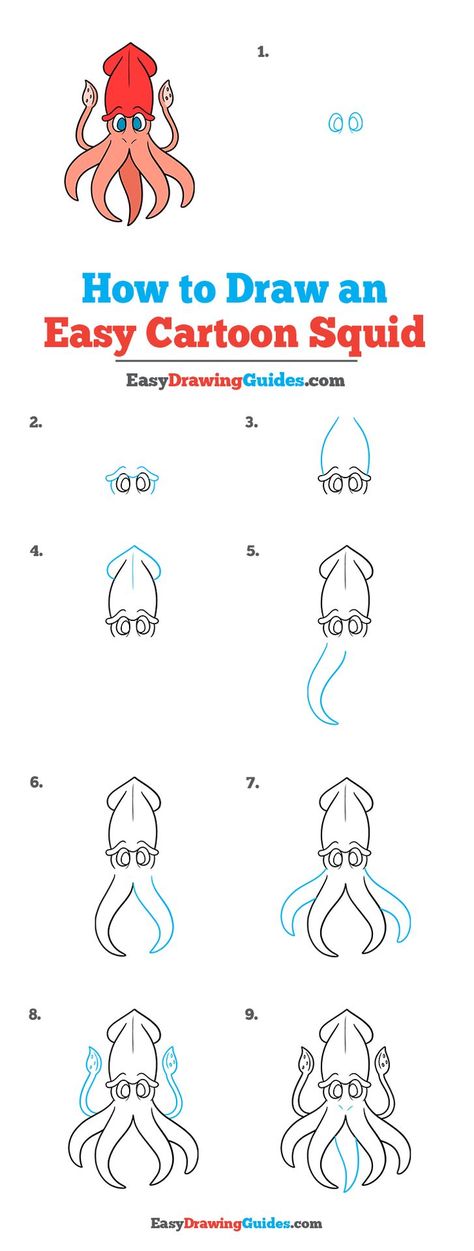 Easy Squid Drawing, How To Draw A Squid, Squid Drawing Simple, Cartoon Squid, Kraken Drawing, Squid Drawing, Easy Cartoon, Drawing Instructions, Drawing Guides